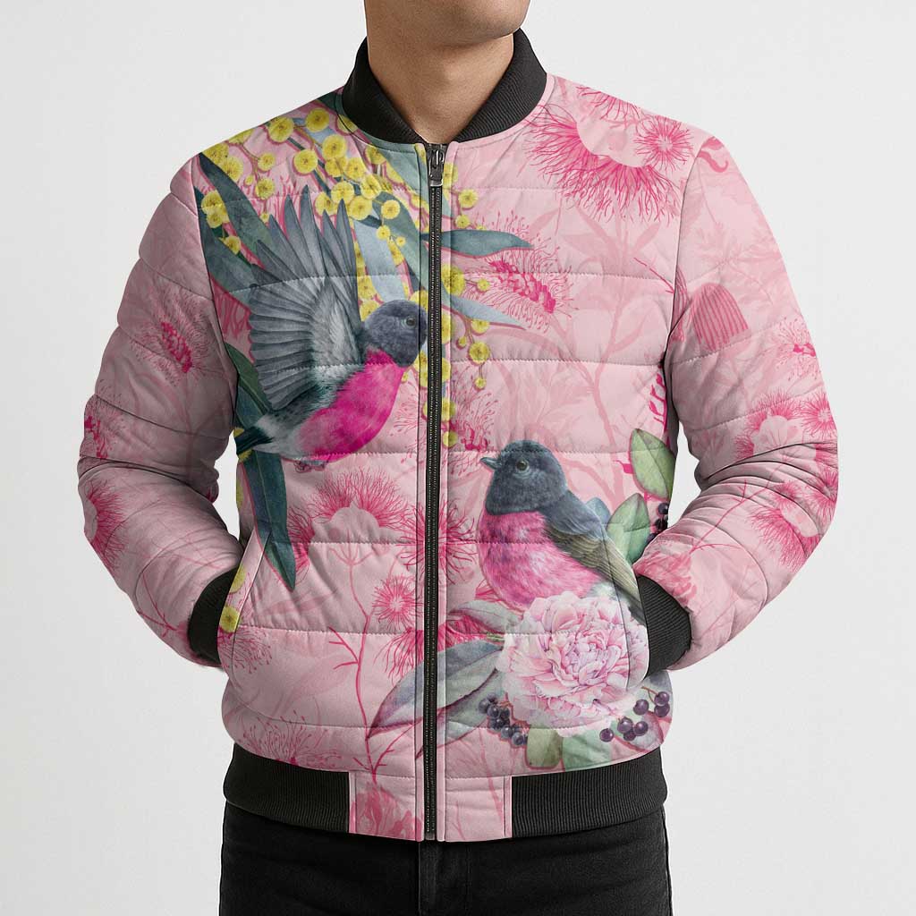 Birds and Floral Aussie Pink Robins Bomber Puffer Jacket Rosy Glow - Aussie Hoodie
