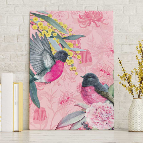 Birds and Floral Aussie Pink Robins Canvas Wall Art Rosy Glow - Aussie Hoodie