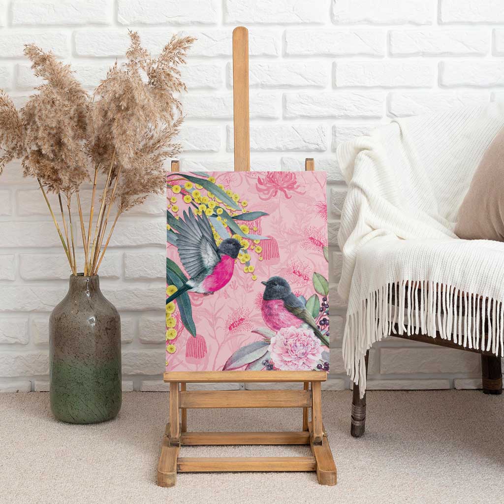 Birds and Floral Aussie Pink Robins Canvas Wall Art Rosy Glow - Aussie Hoodie