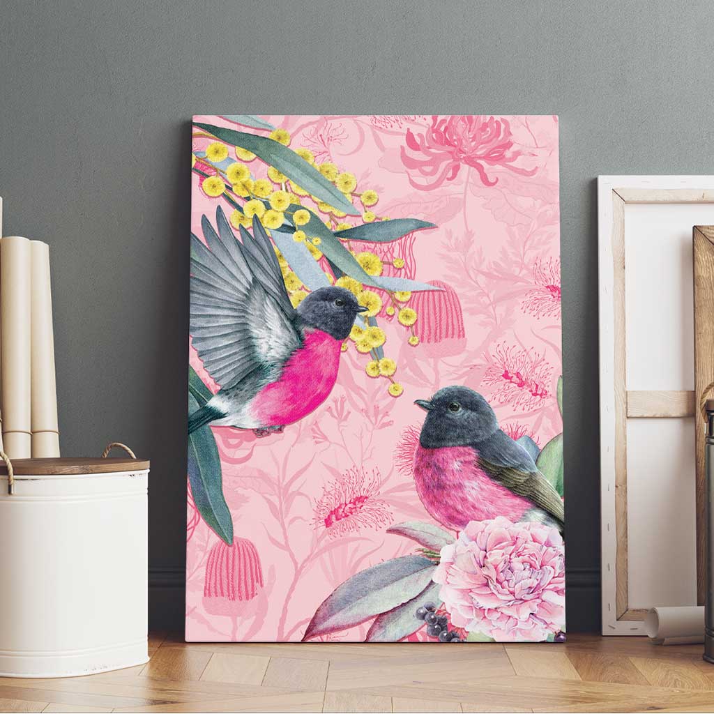Birds and Floral Aussie Pink Robins Canvas Wall Art Rosy Glow - Aussie Hoodie