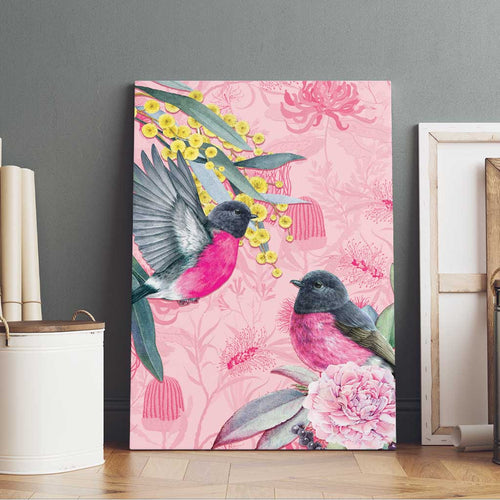 Birds and Floral Aussie Pink Robins Canvas Wall Art Rosy Glow - Aussie Hoodie