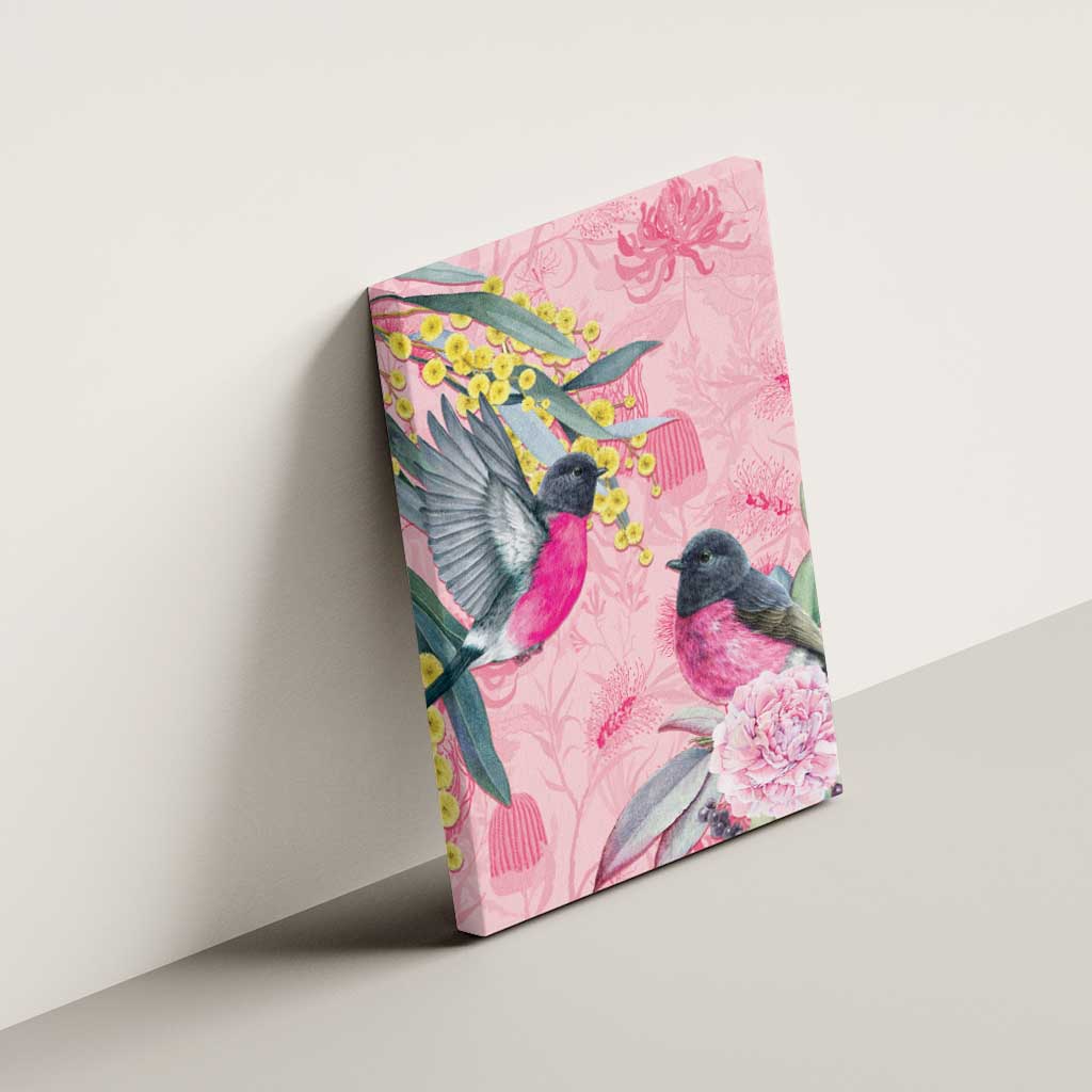 Birds and Floral Aussie Pink Robins Canvas Wall Art Rosy Glow - Aussie Hoodie