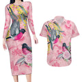 Birds and Floral Aussie Pink Robins Couples Matching Long Sleeve Bodycon Dress and Hawaiian Shirt Rosy Glow - Aussie Hoodie