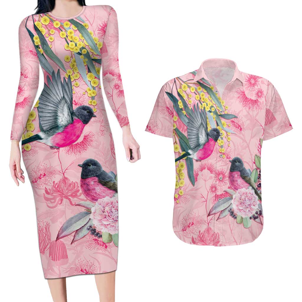 Birds and Floral Aussie Pink Robins Couples Matching Long Sleeve Bodycon Dress and Hawaiian Shirt Rosy Glow - Aussie Hoodie