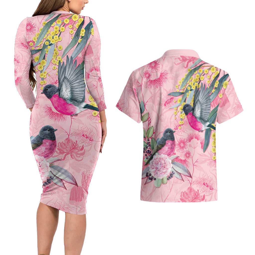 Birds and Floral Aussie Pink Robins Couples Matching Long Sleeve Bodycon Dress and Hawaiian Shirt Rosy Glow - Aussie Hoodie