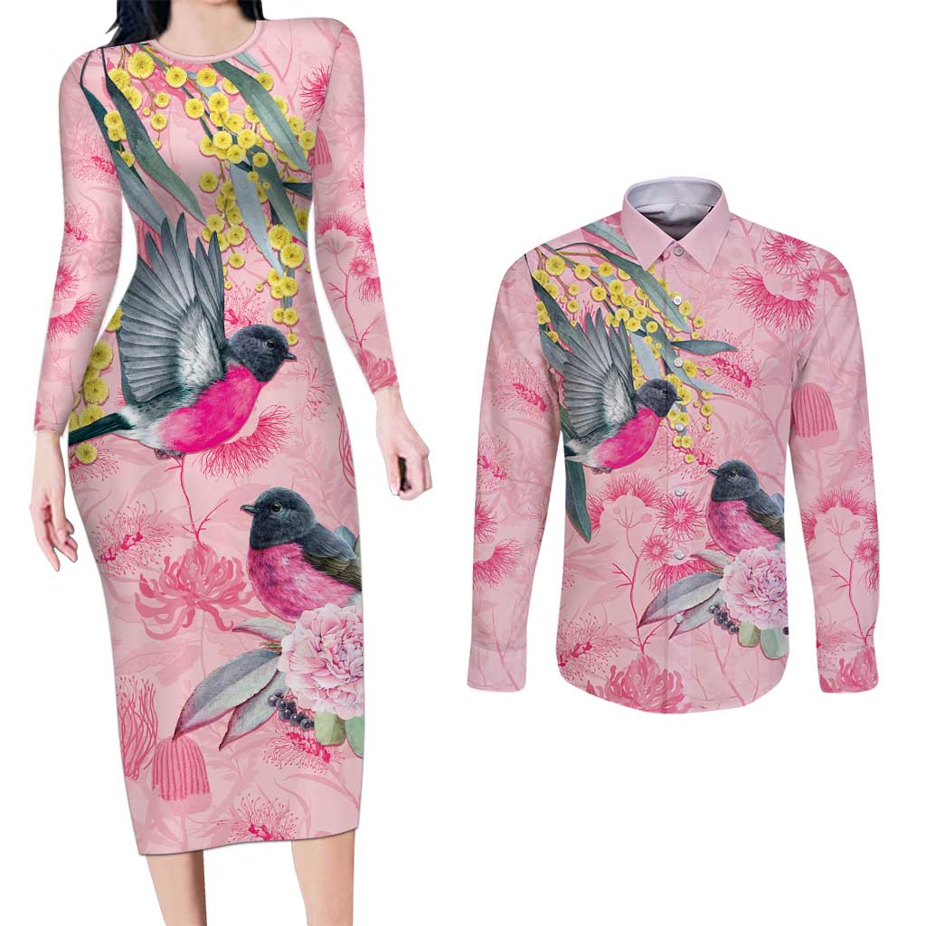 Birds and Floral Aussie Pink Robins Couples Matching Long Sleeve Bodycon Dress and Long Sleeve Button Shirt Rosy Glow - Aussie Hoodie