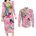 Birds and Floral Aussie Pink Robins Couples Matching Long Sleeve Bodycon Dress and Long Sleeve Button Shirt Rosy Glow - Aussie Hoodie