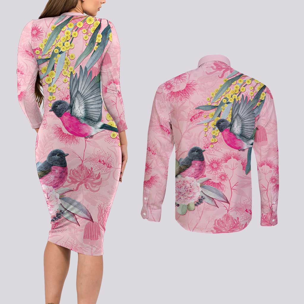 Birds and Floral Aussie Pink Robins Couples Matching Long Sleeve Bodycon Dress and Long Sleeve Button Shirt Rosy Glow - Aussie Hoodie