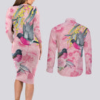 Birds and Floral Aussie Pink Robins Couples Matching Long Sleeve Bodycon Dress and Long Sleeve Button Shirt Rosy Glow - Aussie Hoodie