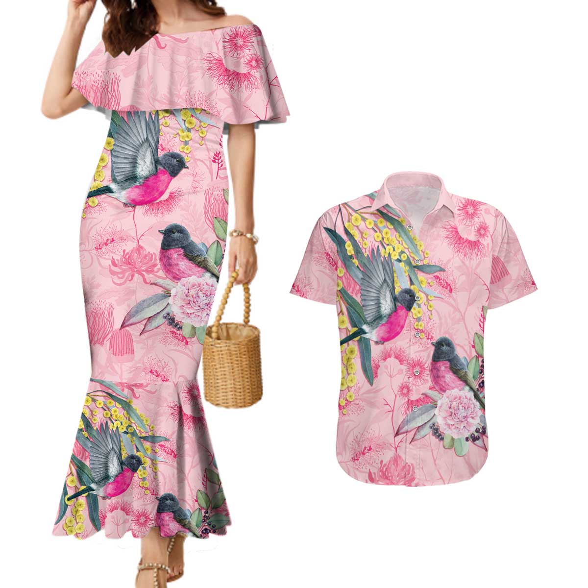 Birds and Floral Aussie Pink Robins Couples Matching Mermaid Dress and Hawaiian Shirt Rosy Glow - Aussie Hoodie