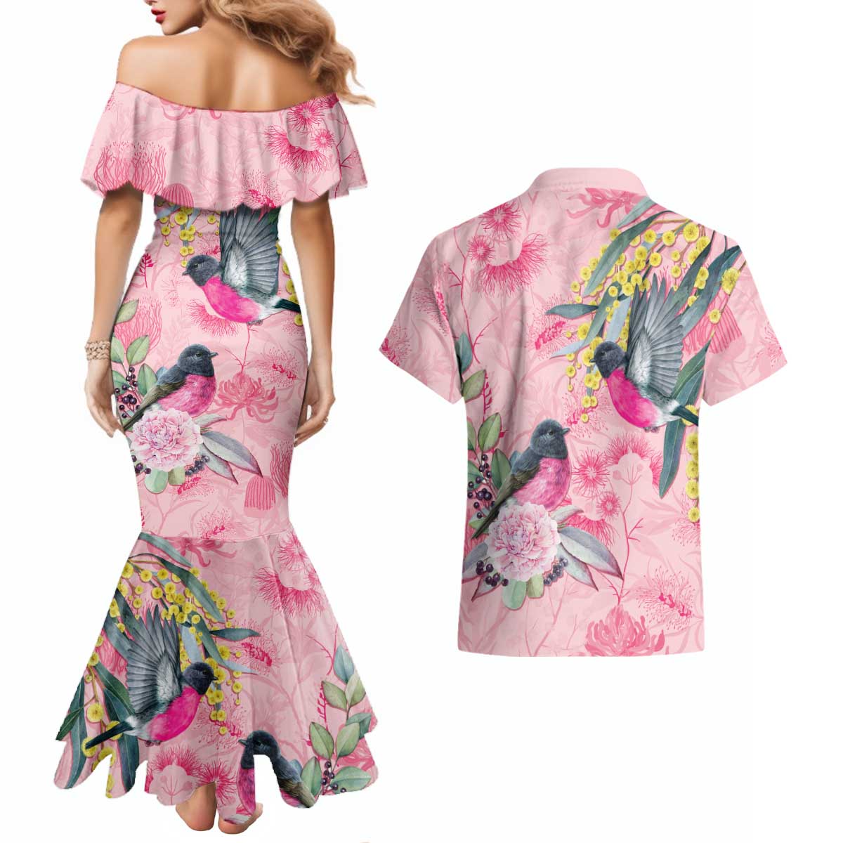 Birds and Floral Aussie Pink Robins Couples Matching Mermaid Dress and Hawaiian Shirt Rosy Glow - Aussie Hoodie