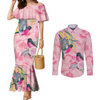 Birds and Floral Aussie Pink Robins Couples Matching Mermaid Dress and Long Sleeve Button Shirt Rosy Glow - Aussie Hoodie