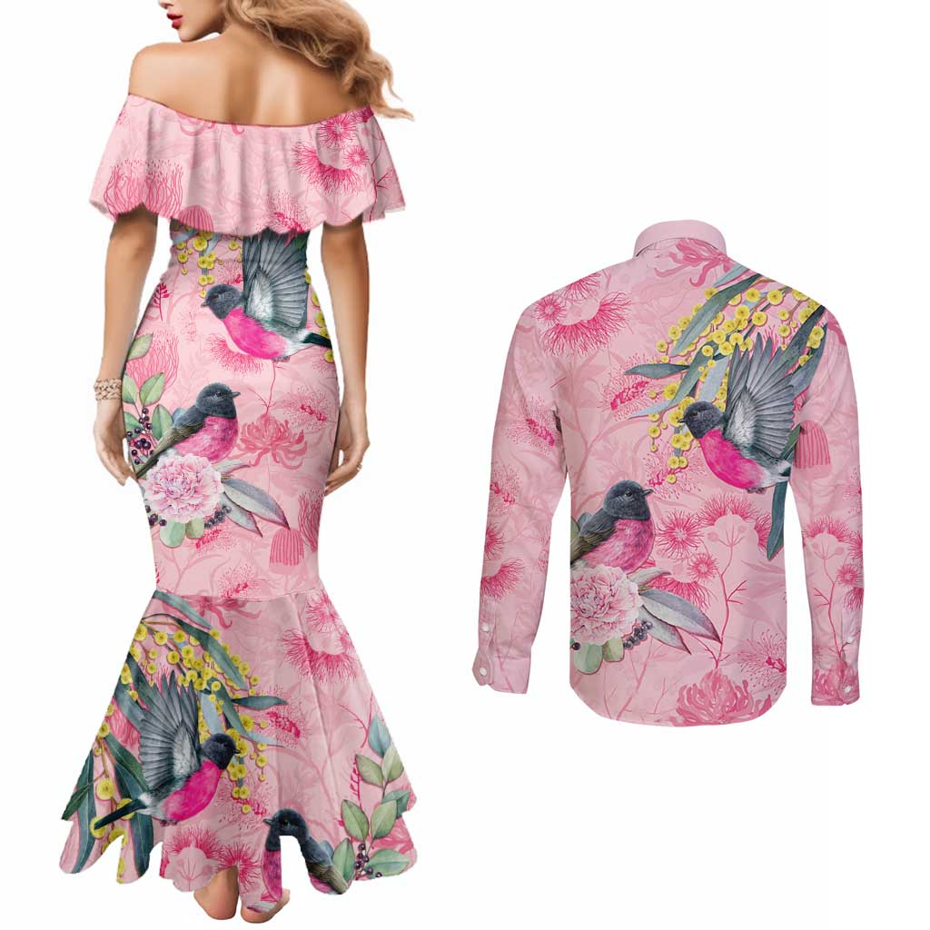 Birds and Floral Aussie Pink Robins Couples Matching Mermaid Dress and Long Sleeve Button Shirt Rosy Glow - Aussie Hoodie