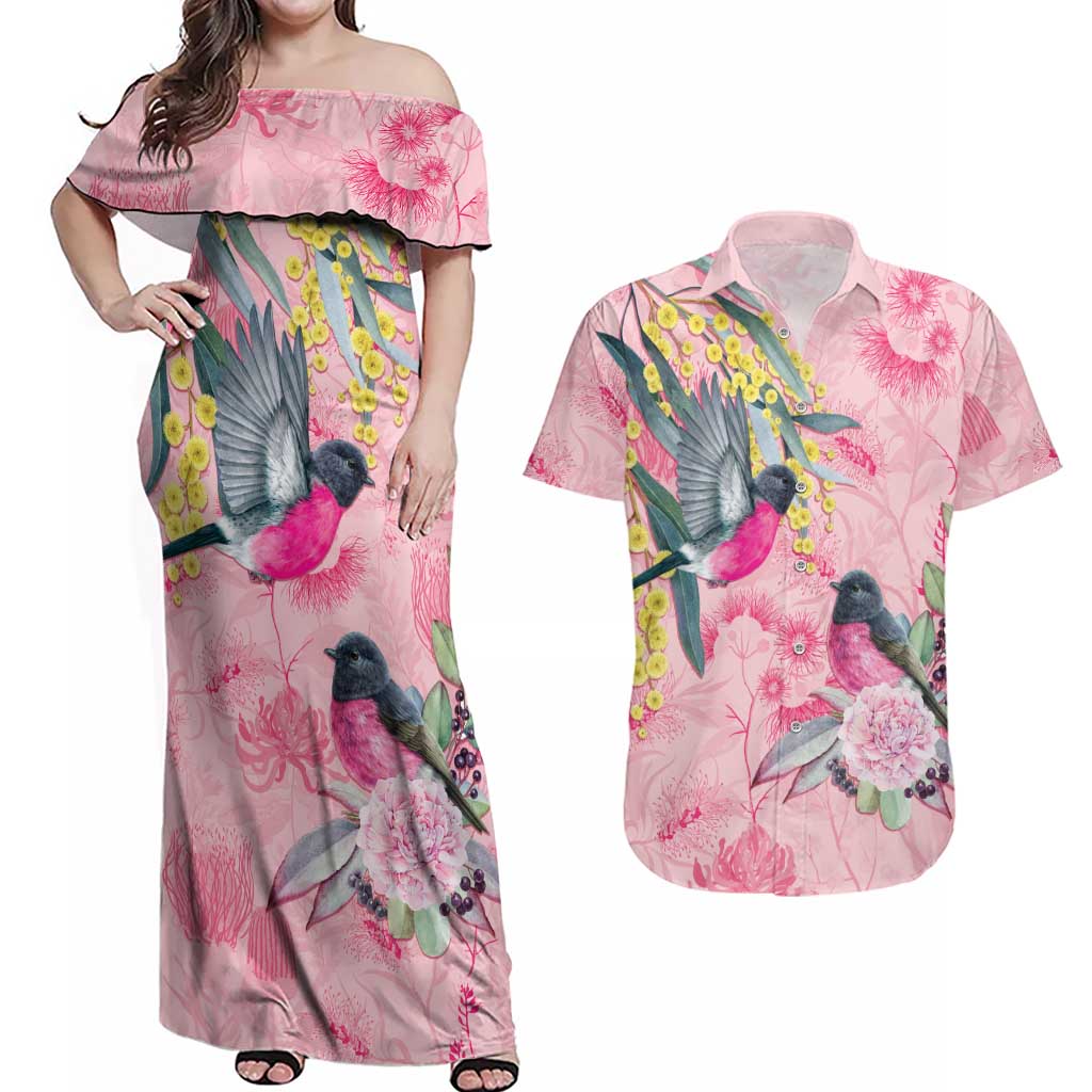 Birds and Floral Aussie Pink Robins Couples Matching Off Shoulder Maxi Dress and Hawaiian Shirt Rosy Glow - Aussie Hoodie