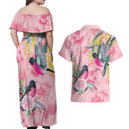 Birds and Floral Aussie Pink Robins Couples Matching Off Shoulder Maxi Dress and Hawaiian Shirt Rosy Glow - Aussie Hoodie