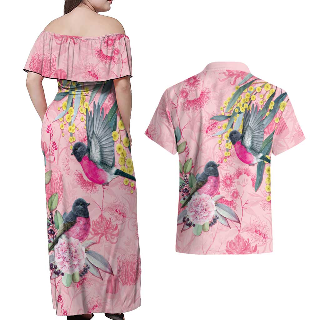 Birds and Floral Aussie Pink Robins Couples Matching Off Shoulder Maxi Dress and Hawaiian Shirt Rosy Glow - Aussie Hoodie