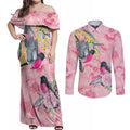 Birds and Floral Aussie Pink Robins Couples Matching Off Shoulder Maxi Dress and Long Sleeve Button Shirt Rosy Glow - Aussie Hoodie