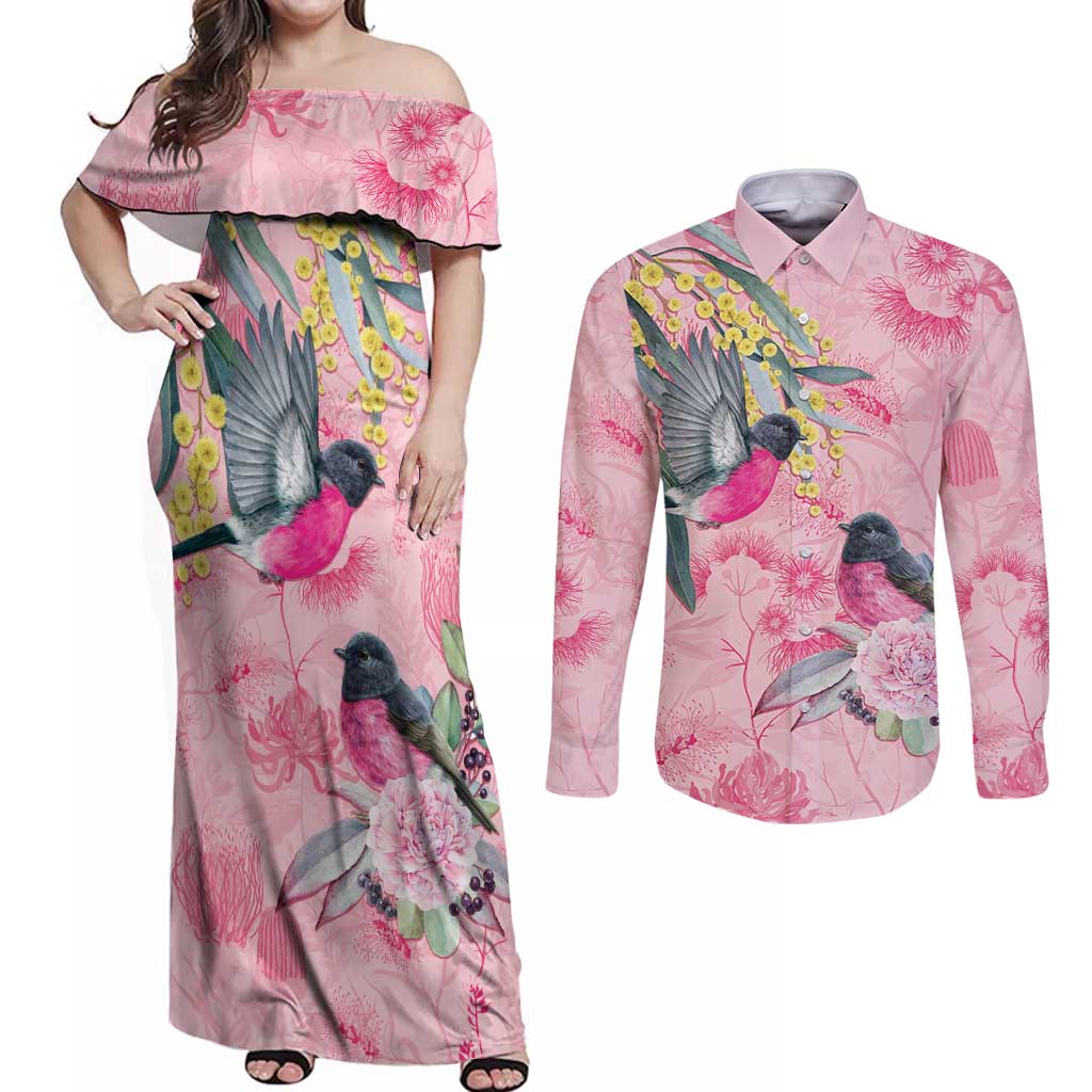 Birds and Floral Aussie Pink Robins Couples Matching Off Shoulder Maxi Dress and Long Sleeve Button Shirt Rosy Glow - Aussie Hoodie