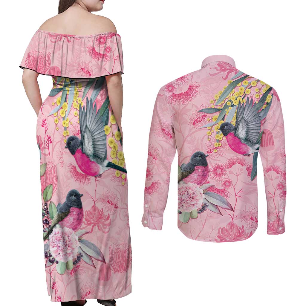Birds and Floral Aussie Pink Robins Couples Matching Off Shoulder Maxi Dress and Long Sleeve Button Shirt Rosy Glow - Aussie Hoodie