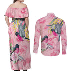 Birds and Floral Aussie Pink Robins Couples Matching Off Shoulder Maxi Dress and Long Sleeve Button Shirt Rosy Glow - Aussie Hoodie