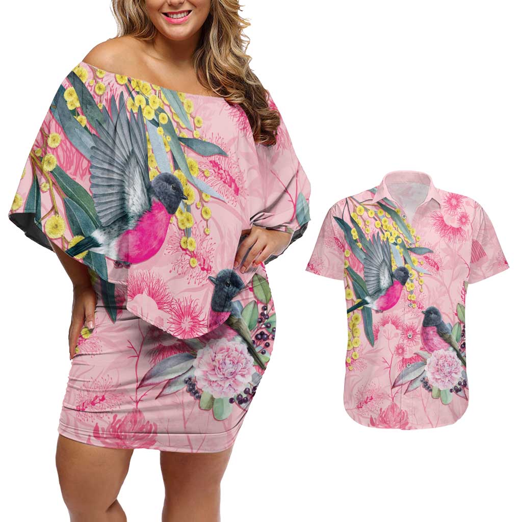 Birds and Floral Aussie Pink Robins Couples Matching Off Shoulder Short Dress and Hawaiian Shirt Rosy Glow - Aussie Hoodie