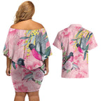 Birds and Floral Aussie Pink Robins Couples Matching Off Shoulder Short Dress and Hawaiian Shirt Rosy Glow - Aussie Hoodie