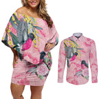 Birds and Floral Aussie Pink Robins Couples Matching Off Shoulder Short Dress and Long Sleeve Button Shirt Rosy Glow - Aussie Hoodie