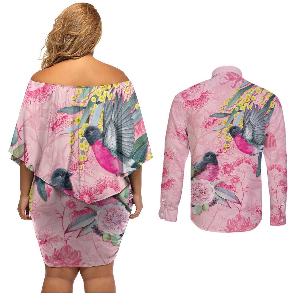 Birds and Floral Aussie Pink Robins Couples Matching Off Shoulder Short Dress and Long Sleeve Button Shirt Rosy Glow - Aussie Hoodie