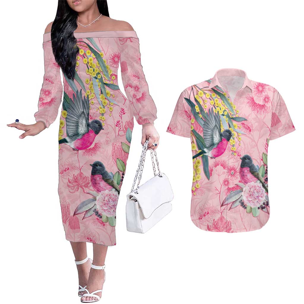 Birds and Floral Aussie Pink Robins Couples Matching Off The Shoulder Long Sleeve Dress and Hawaiian Shirt Rosy Glow - Aussie Hoodie