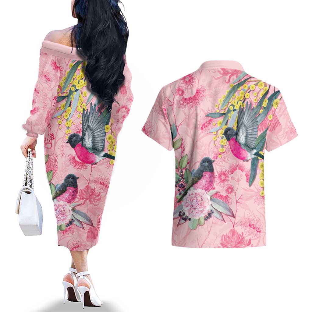 Birds and Floral Aussie Pink Robins Couples Matching Off The Shoulder Long Sleeve Dress and Hawaiian Shirt Rosy Glow - Aussie Hoodie