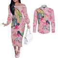 Birds and Floral Aussie Pink Robins Couples Matching Off The Shoulder Long Sleeve Dress and Long Sleeve Button Shirt Rosy Glow - Aussie Hoodie