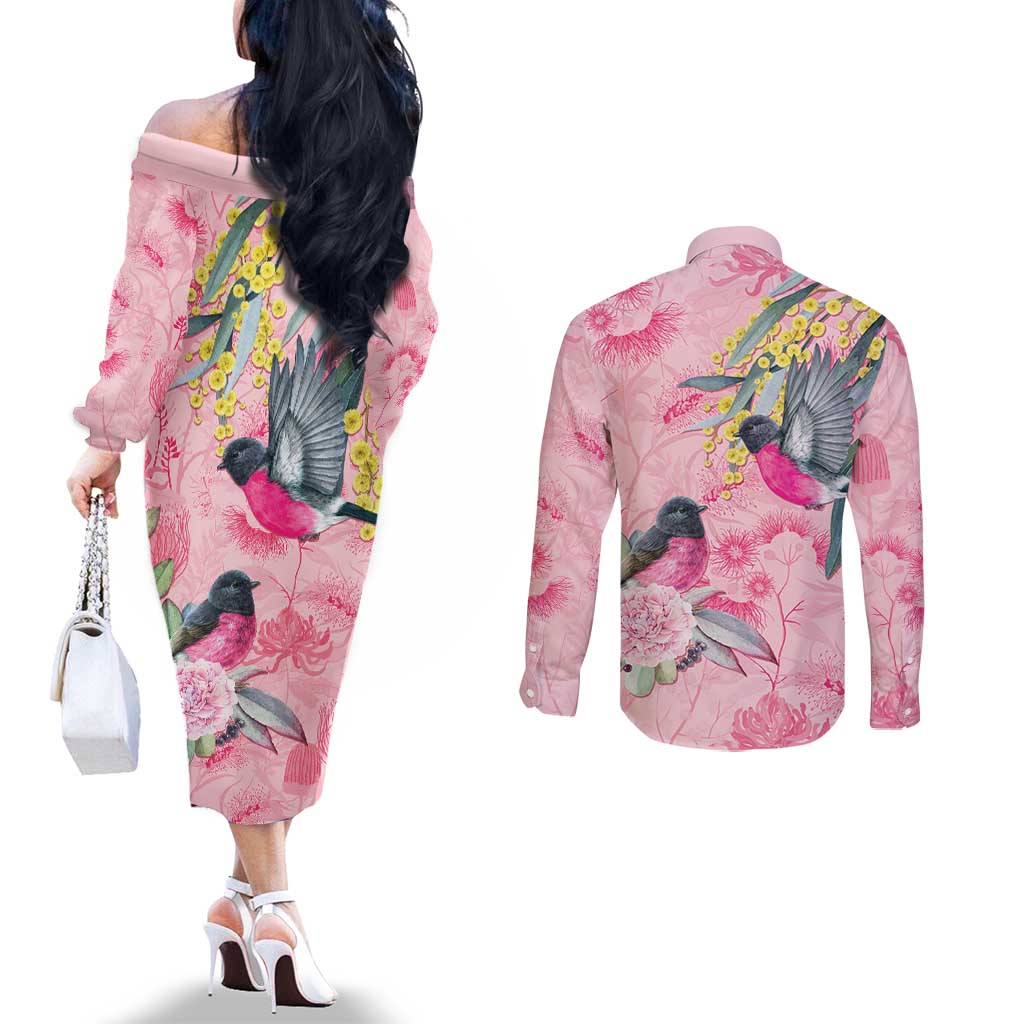 Birds and Floral Aussie Pink Robins Couples Matching Off The Shoulder Long Sleeve Dress and Long Sleeve Button Shirt Rosy Glow - Aussie Hoodie