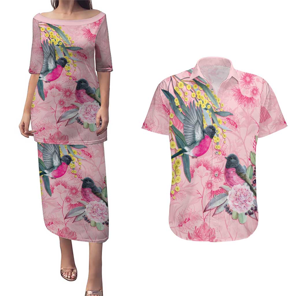 Birds and Floral Aussie Pink Robins Couples Matching Puletasi and Hawaiian Shirt Rosy Glow - Aussie Hoodie
