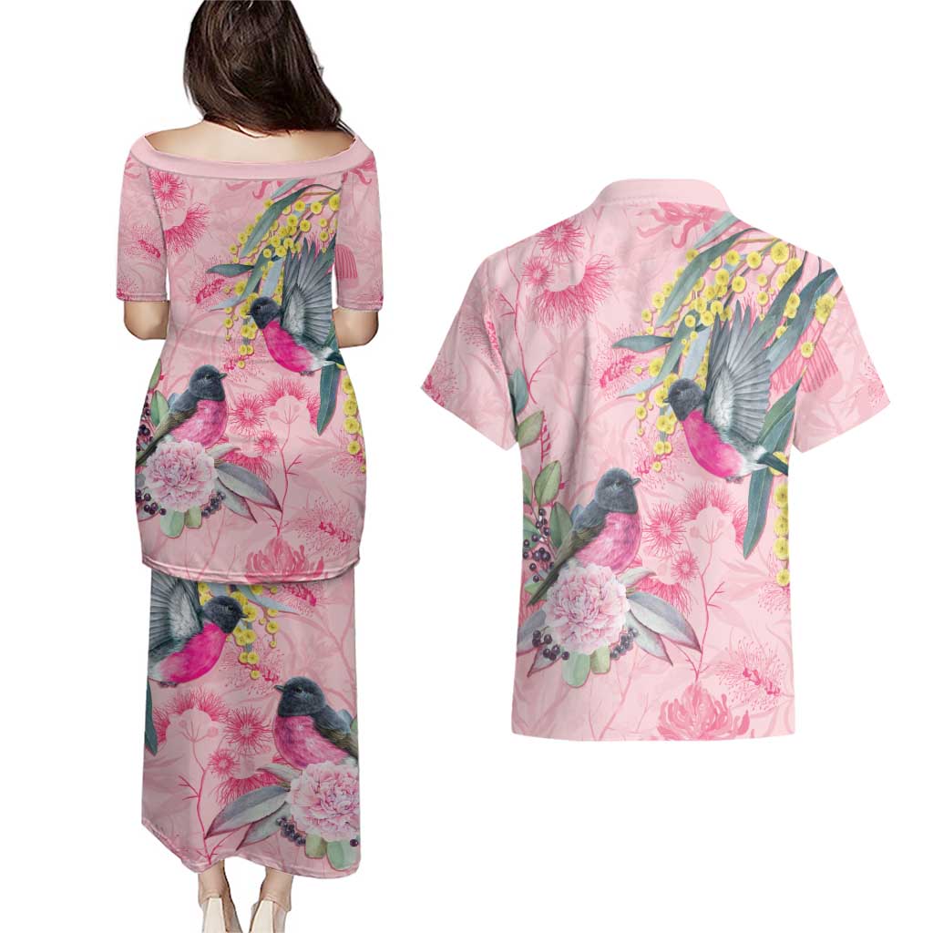 Birds and Floral Aussie Pink Robins Couples Matching Puletasi and Hawaiian Shirt Rosy Glow - Aussie Hoodie