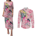 Birds and Floral Aussie Pink Robins Couples Matching Puletasi and Long Sleeve Button Shirt Rosy Glow - Aussie Hoodie