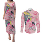 Birds and Floral Aussie Pink Robins Couples Matching Puletasi and Long Sleeve Button Shirt Rosy Glow - Aussie Hoodie