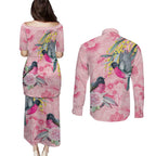 Birds and Floral Aussie Pink Robins Couples Matching Puletasi and Long Sleeve Button Shirt Rosy Glow - Aussie Hoodie
