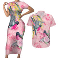 Birds and Floral Aussie Pink Robins Couples Matching Short Sleeve Bodycon Dress and Hawaiian Shirt Rosy Glow - Aussie Hoodie