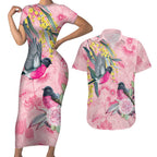 Birds and Floral Aussie Pink Robins Couples Matching Short Sleeve Bodycon Dress and Hawaiian Shirt Rosy Glow - Aussie Hoodie