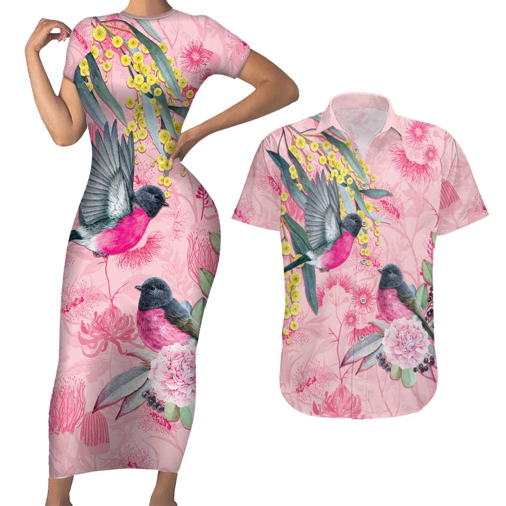 Birds and Floral Aussie Pink Robins Couples Matching Short Sleeve Bodycon Dress and Hawaiian Shirt Rosy Glow - Aussie Hoodie