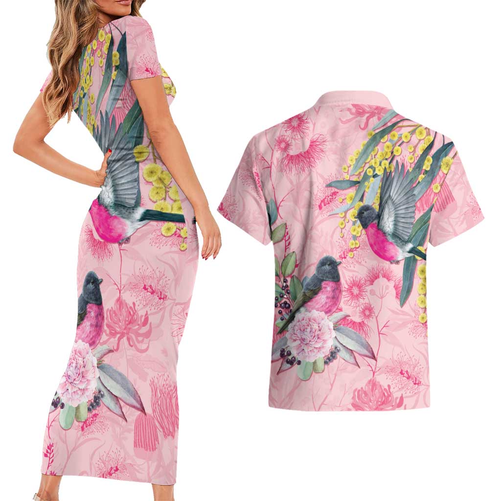 Birds and Floral Aussie Pink Robins Couples Matching Short Sleeve Bodycon Dress and Hawaiian Shirt Rosy Glow - Aussie Hoodie