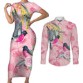 Birds and Floral Aussie Pink Robins Couples Matching Short Sleeve Bodycon Dress and Long Sleeve Button Shirt Rosy Glow - Aussie Hoodie