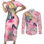 Birds and Floral Aussie Pink Robins Couples Matching Short Sleeve Bodycon Dress and Long Sleeve Button Shirt Rosy Glow - Aussie Hoodie