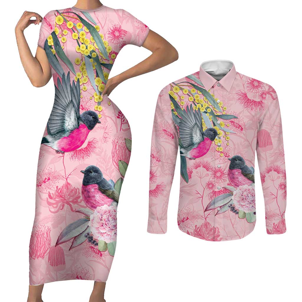 Birds and Floral Aussie Pink Robins Couples Matching Short Sleeve Bodycon Dress and Long Sleeve Button Shirt Rosy Glow - Aussie Hoodie