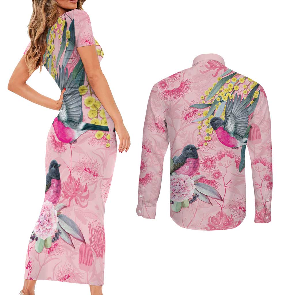 Birds and Floral Aussie Pink Robins Couples Matching Short Sleeve Bodycon Dress and Long Sleeve Button Shirt Rosy Glow - Aussie Hoodie