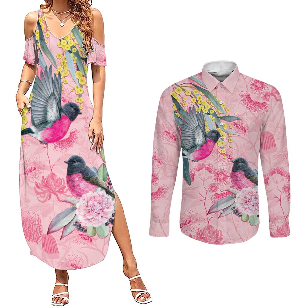 Birds and Floral Aussie Pink Robins Couples Matching Summer Maxi Dress and Long Sleeve Button Shirt Rosy Glow - Aussie Hoodie