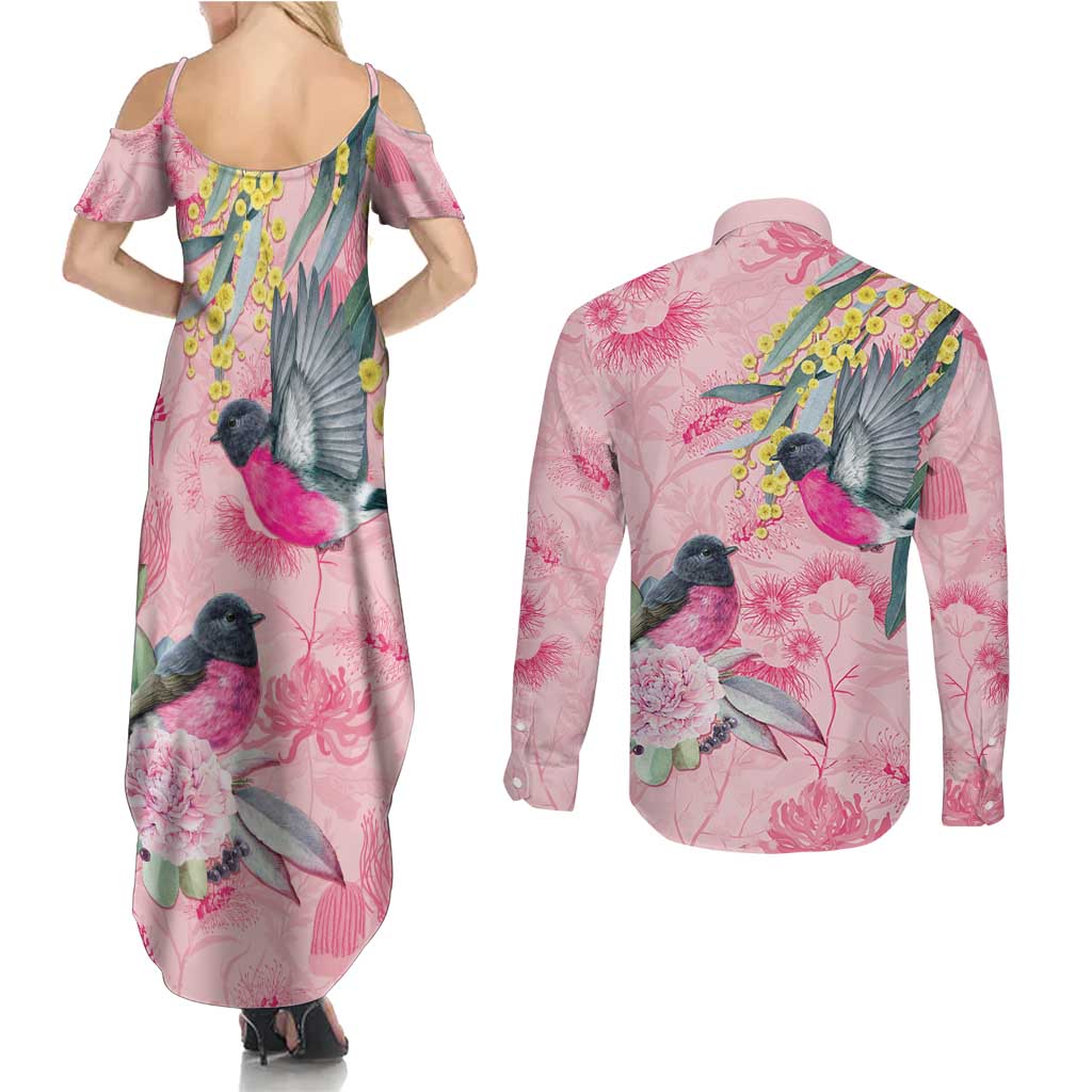 Birds and Floral Aussie Pink Robins Couples Matching Summer Maxi Dress and Long Sleeve Button Shirt Rosy Glow - Aussie Hoodie