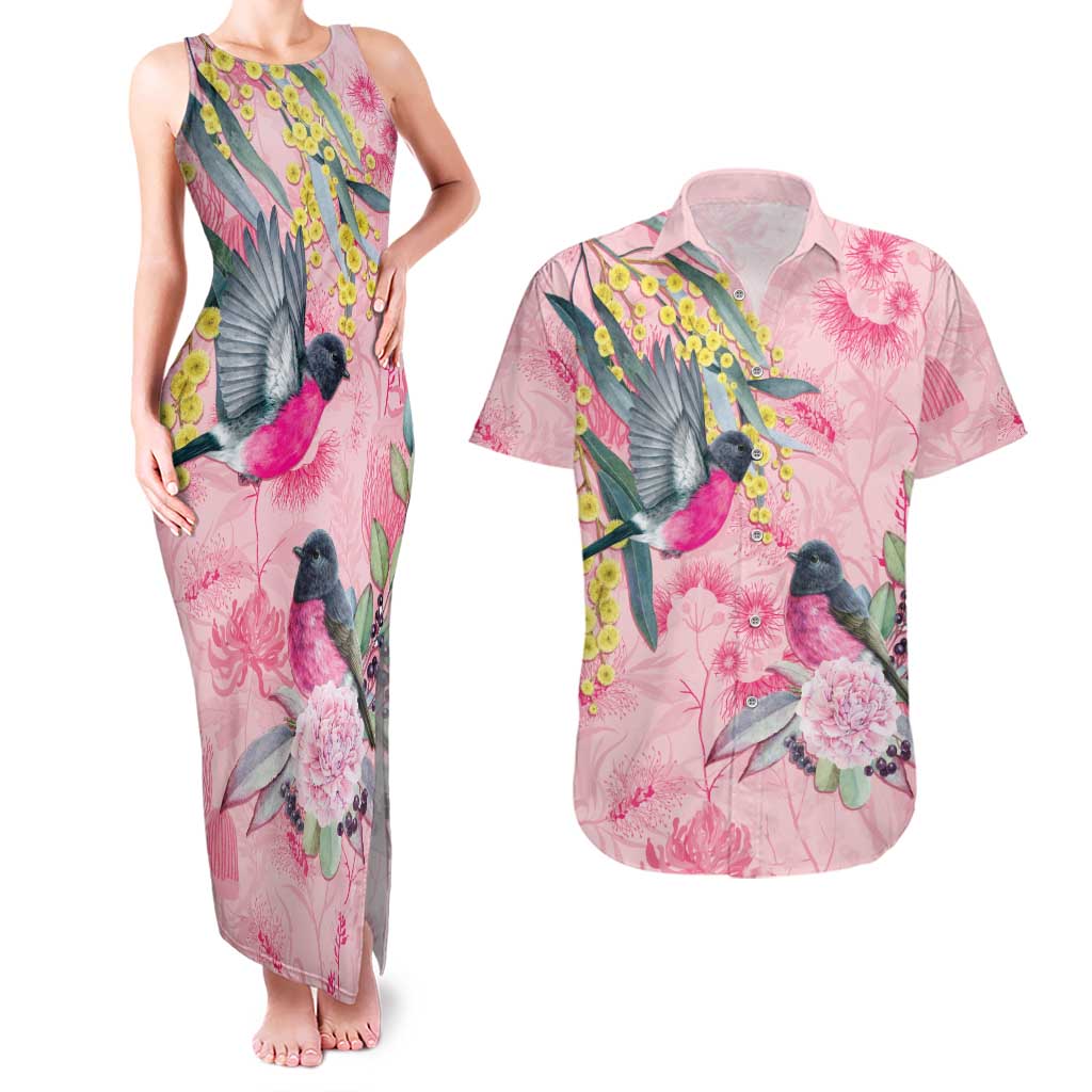 Birds and Floral Aussie Pink Robins Couples Matching Tank Maxi Dress and Hawaiian Shirt Rosy Glow - Aussie Hoodie