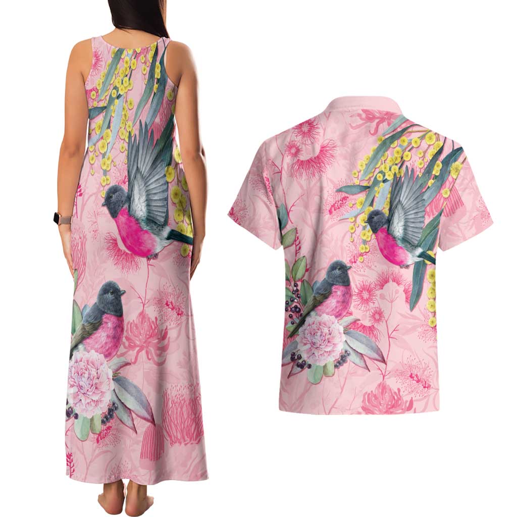 Birds and Floral Aussie Pink Robins Couples Matching Tank Maxi Dress and Hawaiian Shirt Rosy Glow - Aussie Hoodie