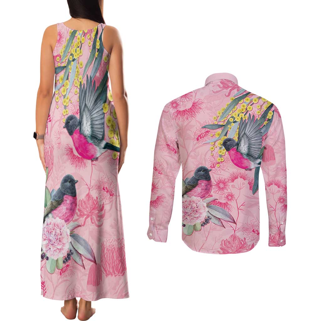 Birds and Floral Aussie Pink Robins Couples Matching Tank Maxi Dress and Long Sleeve Button Shirt Rosy Glow - Aussie Hoodie